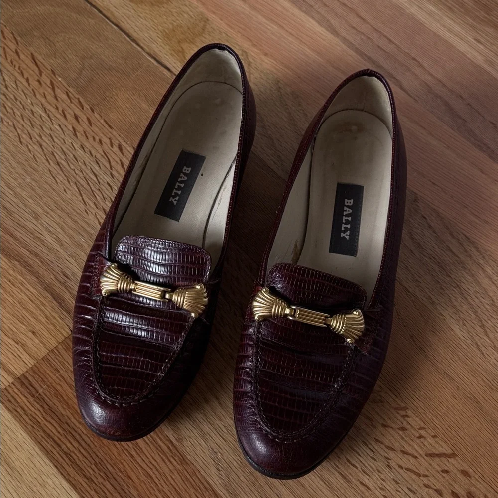 Vintage 90s Bally LEATHER Buckle Oxfords 1990s Brown Croc Embossed‎ Size 6 1/2 M